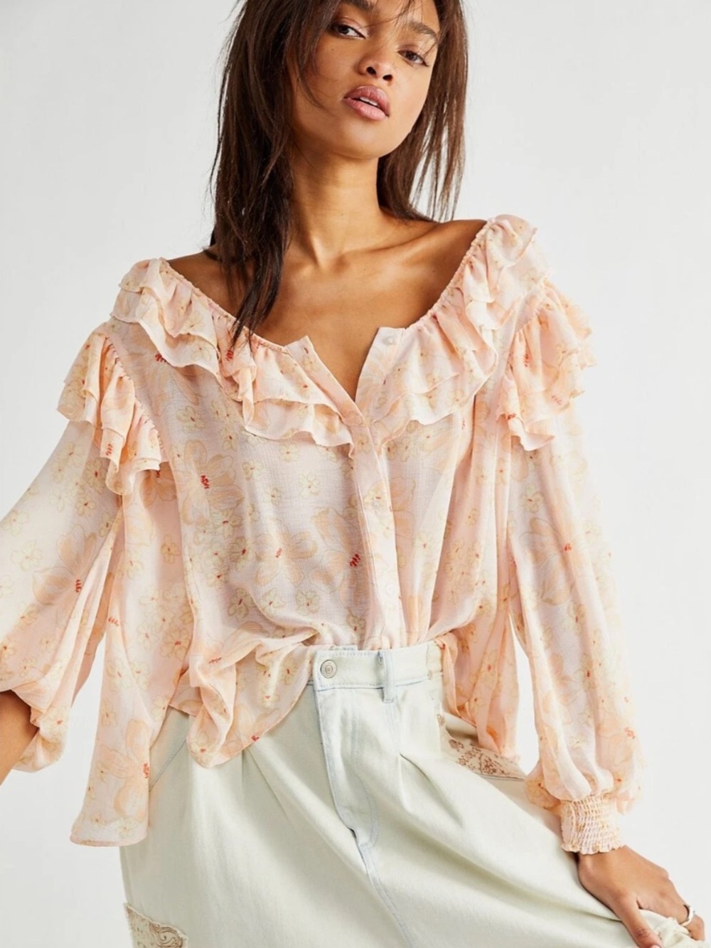 Free People Women’s Cherry Bright Blouse Top Ruffle Neck Sheer in Floral Peach M